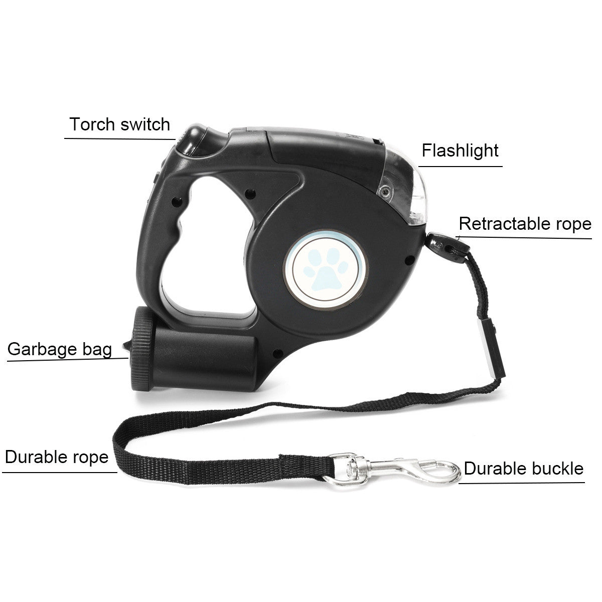 Three-in-one Retractable Dog Leash With garbage bag & Flashlight