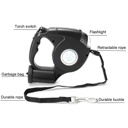 Three-in-one Retractable Dog Leash With garbage bag & Flashlight