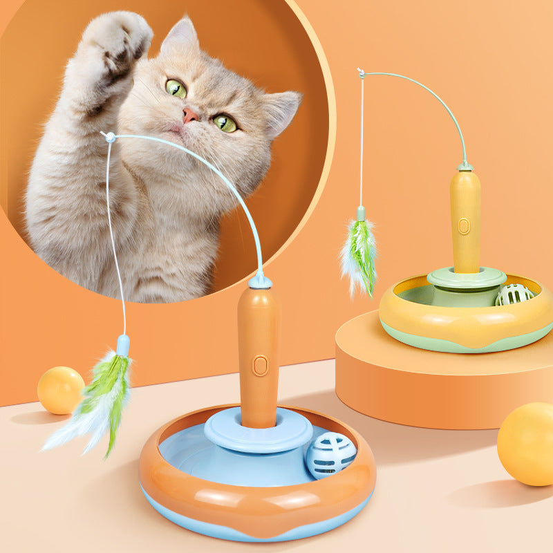 2-in-1 Cat Turntable Toy with Feather – CE Certified | Self-Play Spinner for Active Cats